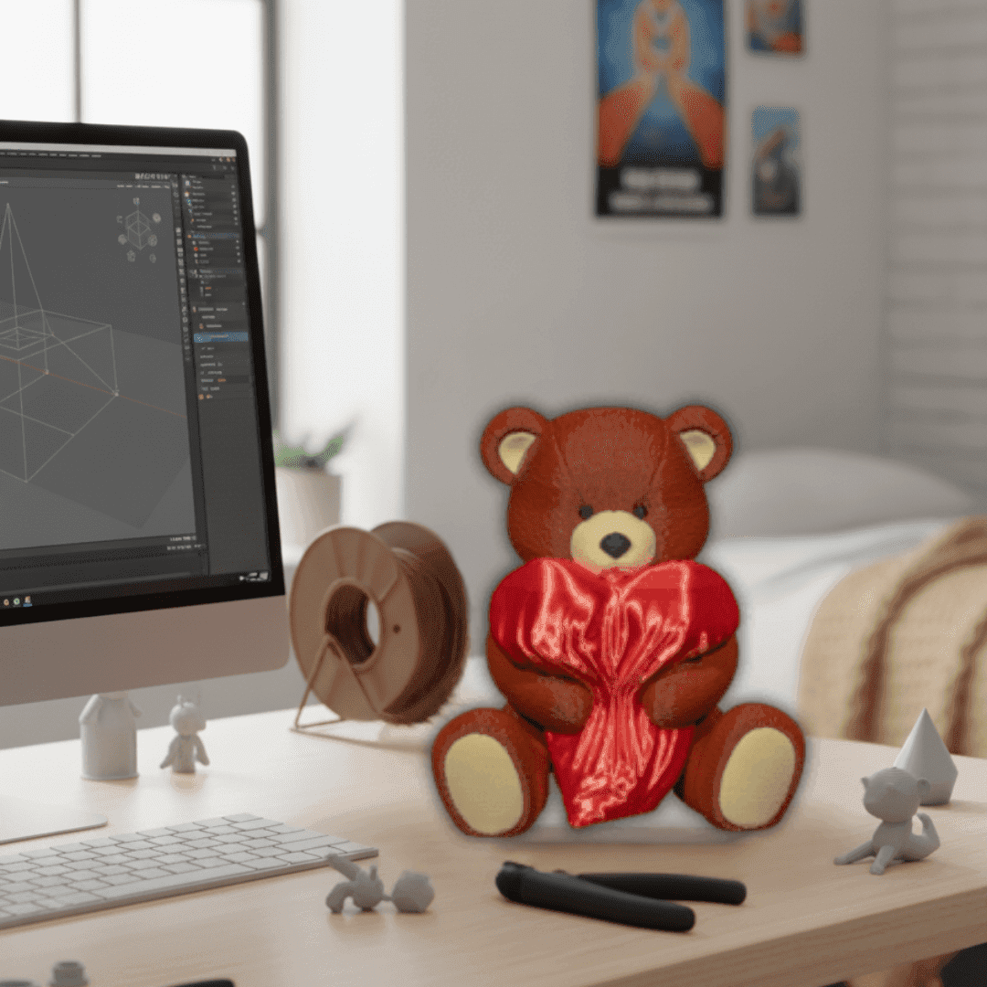Un ours en impression 3D sur bureau.